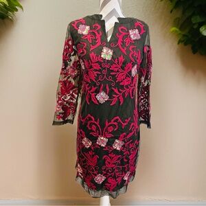 Black & Fuchsia Embroidered Mesh Sheath Dress
